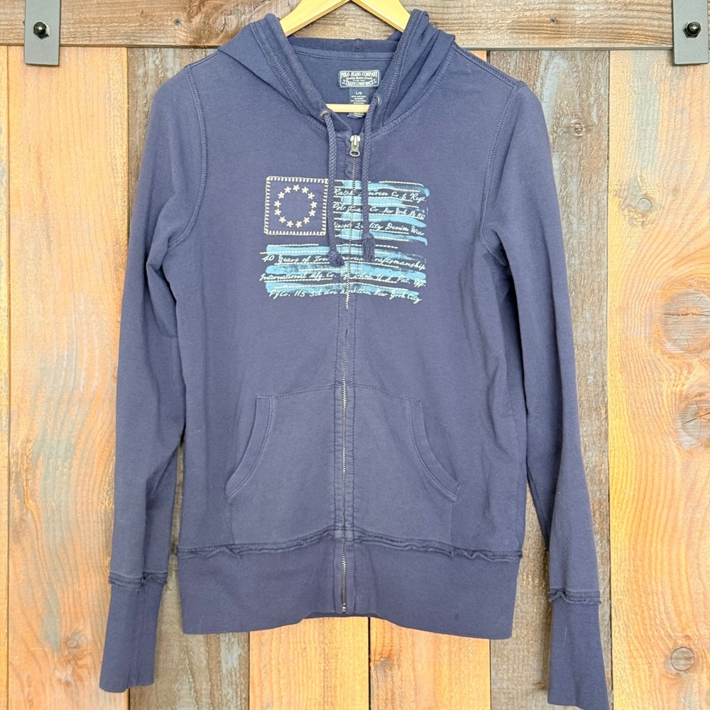 Polo Jeans Co Ralph Lauren Mens Navy Blue Flag Graphic Zip Up Hoodie Large L